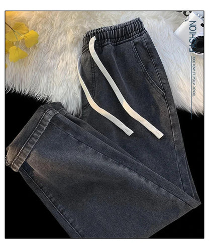 Casual Jeans Men's Baggy Straight Elastic Waist Drawstring Korea Fashion Male Vintage Denim Trousers Streetwear 3XL