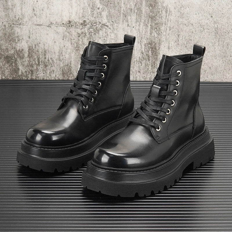 Men's Hidden Heel Motorcycle Boots - Goth Punk Ankle Boots with Thick Sole for Height Increase | Elevator Shoes