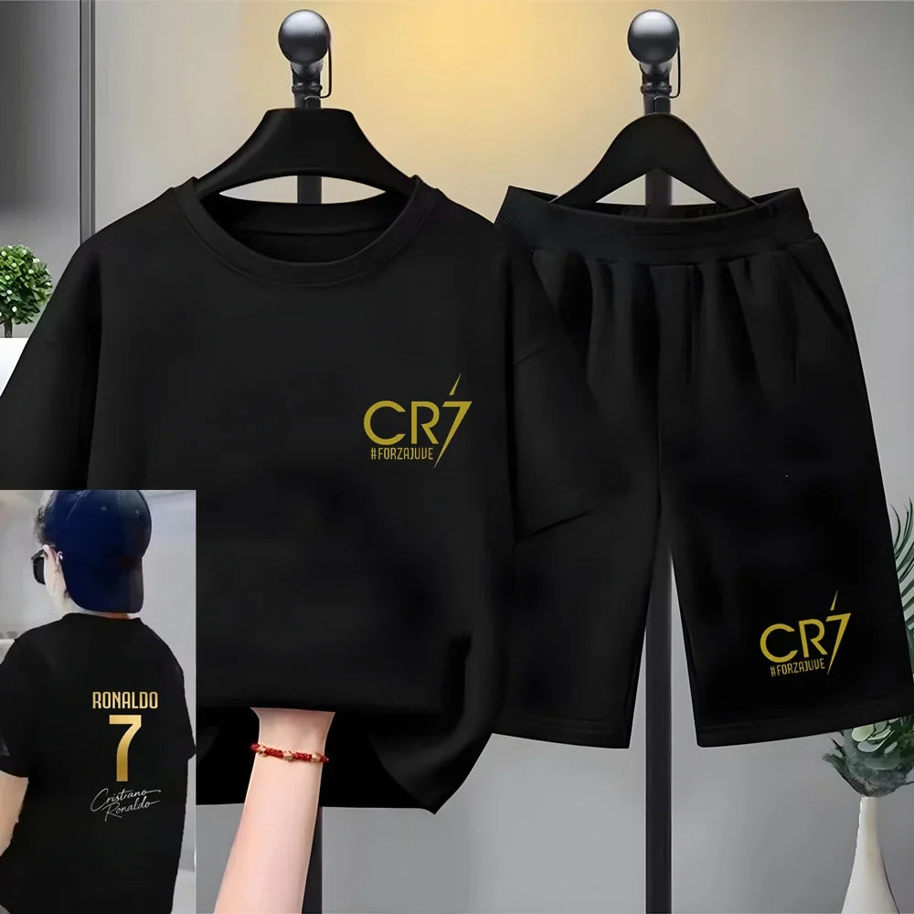 Children Short-sleeved T-shirt+Shorts Football Player Player No. 7 Print Boys Girls Toddler 3-12Yrs Sports Set Summer Clothing