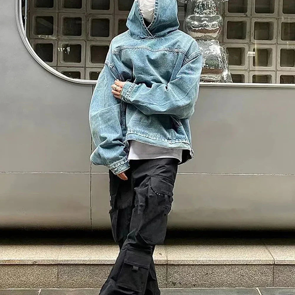 Mens Autumn Fashion Denim Washed Distressed Retro Hoodie Genderless Street Fashion Casual Loose Denim Sweatshirt Unisex
