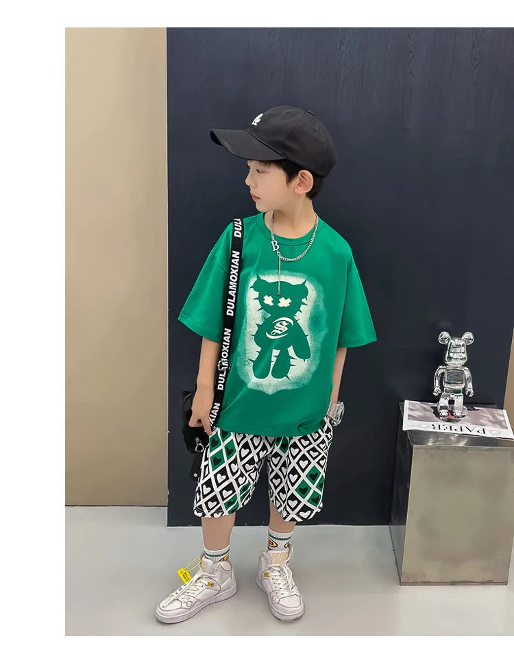 Summer Boys Cotton Short-Sleeved T-shirt Tops+Drawstring Shorts Pant School Kids 2PCS Tracksuit Child Outfit Workout Set 3-14 Yr