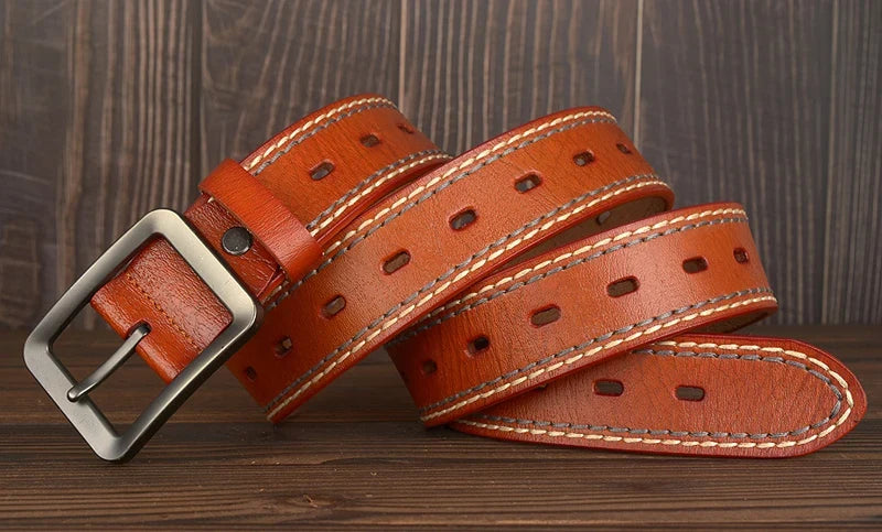 3.8CM Fashion Men Belts Genuine Leather Luxury Designer Vintage Thread Waist Belt For Jeans Cinturon Cowboy Hombre Dropshipping