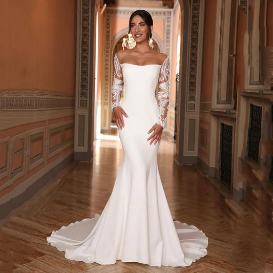 Mermaid Wedding Dresses Sexy Open Back Button Bridal Gowns Pleat Long Sleeves Sweep Train Vestido Customized