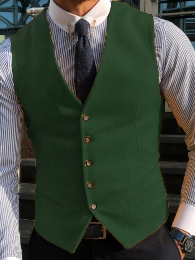 Men Vest Yellow Solid V Neck Single Button Waistcoat For Wedding Party Banquet Business Casual Daily Office Work Men Suit Vest