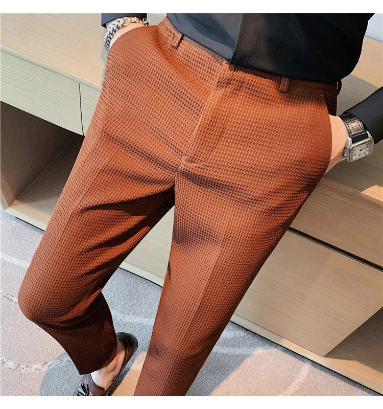 2024 Autumn New Waffle Stretch Waist Business Formal Pants Men Fashion Wedding Slim Trouser Mens Brand Social Party Suit Pants