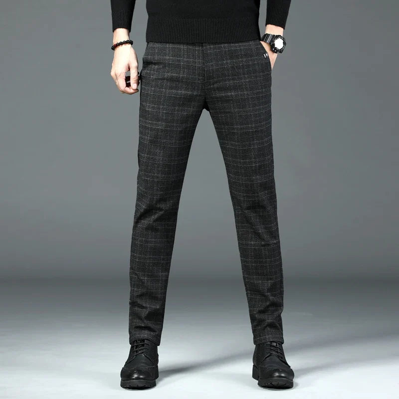 Autumn New Men's Plaid Striped Business Casual Pants Classic Fashionable Straight Elastic Casual Trousers Black Gray Male