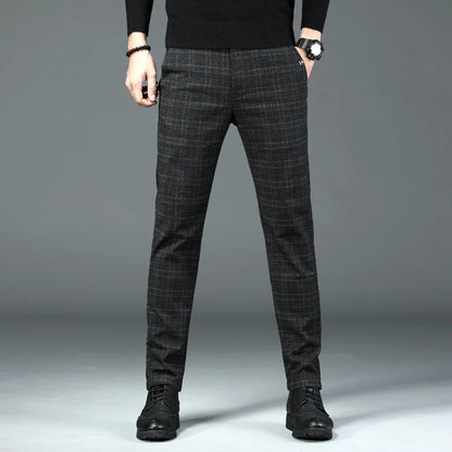 Autumn New Men's Plaid Striped Business Casual Pants Classic Fashionable Straight Elastic Casual Trousers Black Gray Male