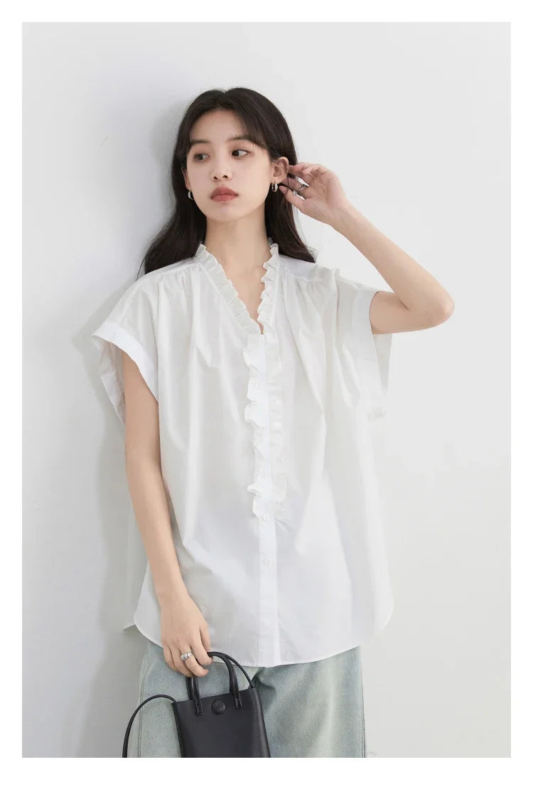 Women Shirts Loose Casual Cotton Ruffled Edge White Short Sleeved Shirt Female Blouses for Woman Summer 2025
