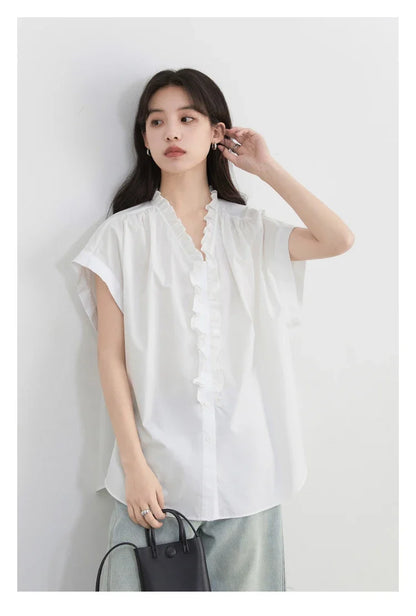 Women Shirts Loose Casual Cotton Ruffled Edge White Short Sleeved Shirt Female Blouses for Woman Summer 2025