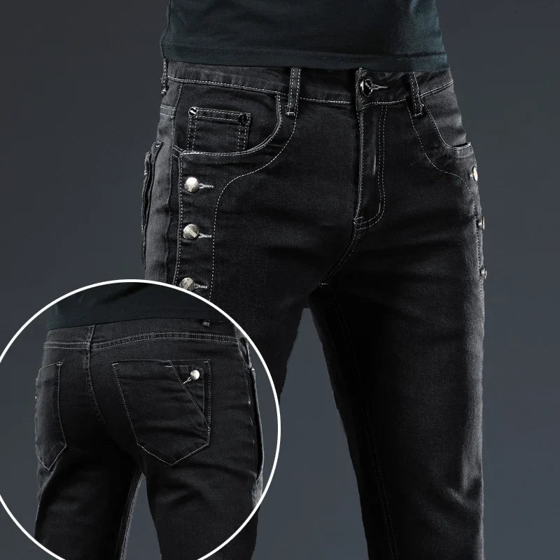 Classic Slim Vintage Fashion Men's Designer Jeans Snowflake Grey Wash Korean Fashion Stretch Pants Multi-button Denim Trousers