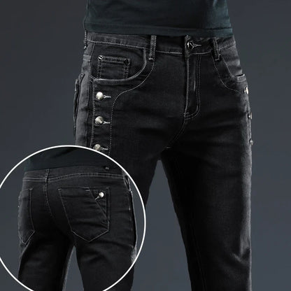 Classic Slim Vintage Fashion Men's Designer Jeans Snowflake Grey Wash Korean Fashion Stretch Pants Multi-button Denim Trousers