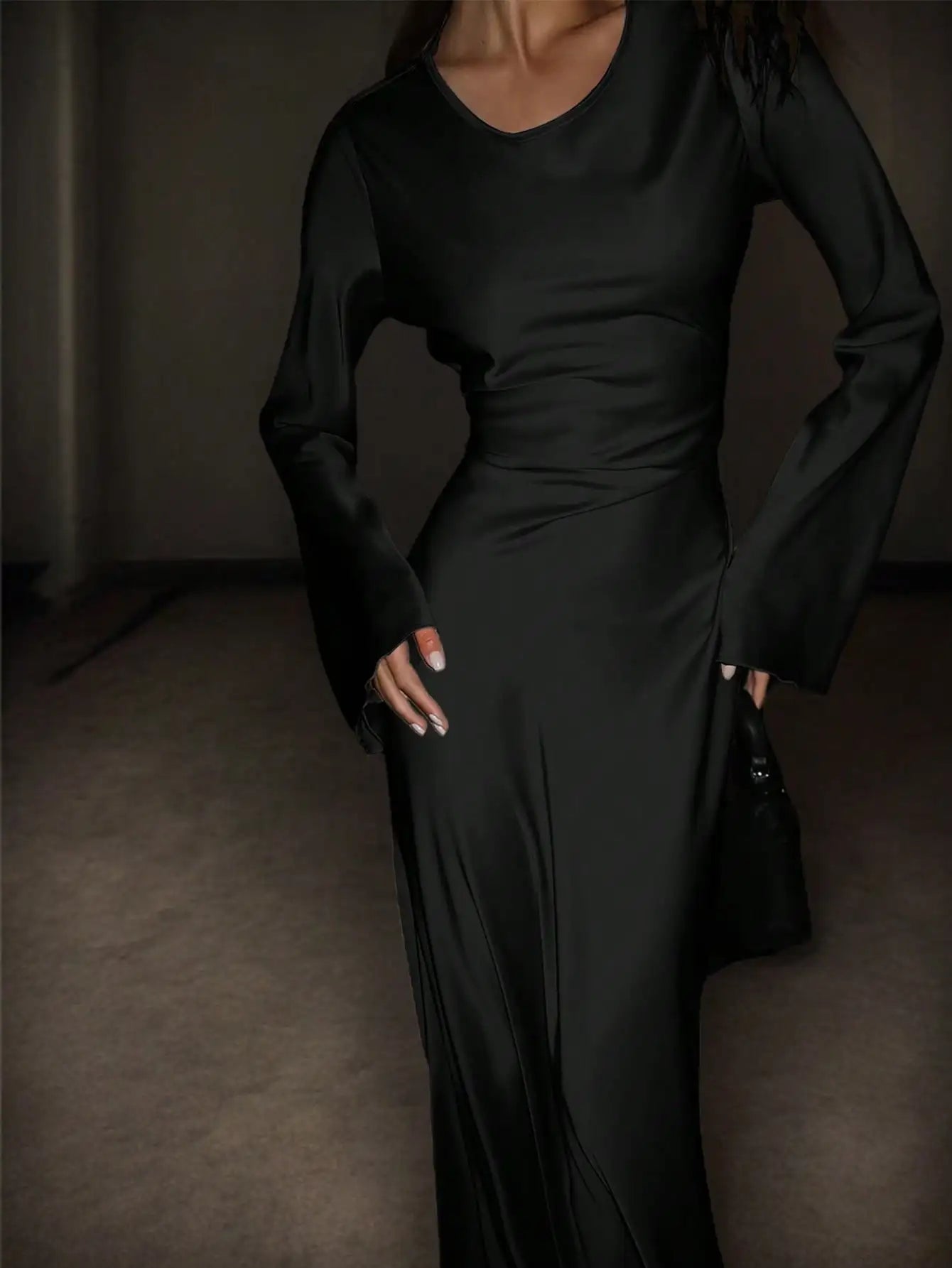 Women's Bespoke Satin Maxi Dress with Corset Waist Tie Classic Round Neck & Dramatic Flared Sleeves Luxury Evening Dress
