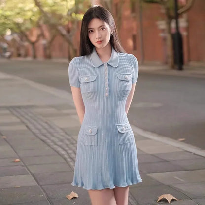2025 Spring/Summer New Polo Neck Short Sleeve Knitted Dress Y2K Fashion Commuter Elastic Slim Fit Multi Pocket Wrapped Hip Skirt