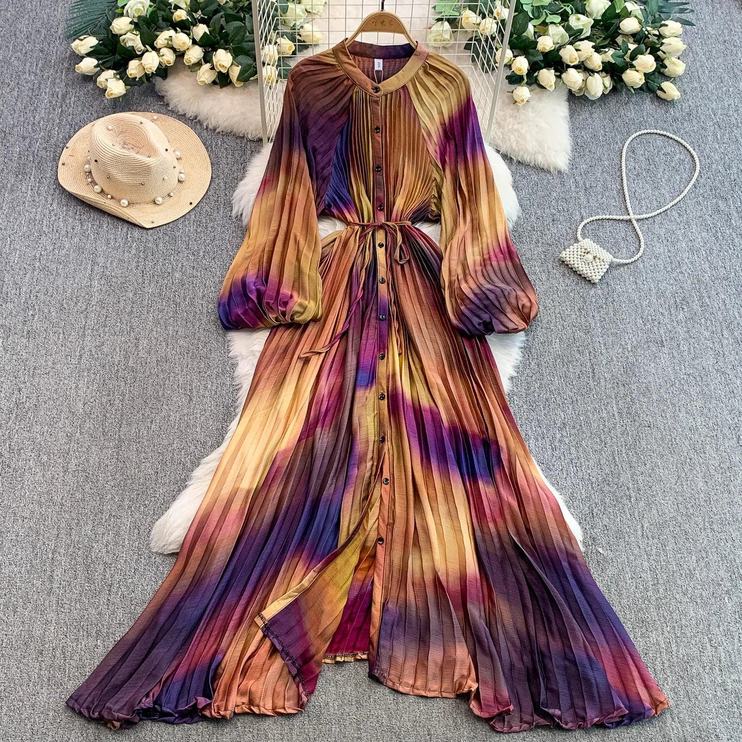 Ele Printed round Ne Lantern Sve Dr Women's Single Button Waist Cinch Maxi Skirt Long Dr Commute Sle Autumn