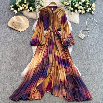 Ele Printed round Ne Lantern Sve Dr Women's Single Button Waist Cinch Maxi Skirt Long Dr Commute Sle Autumn