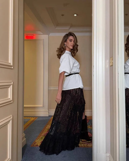Shestyle تنانير طويلة شفافة من الدانتيل للنساء بكسرات زهرية غير متماثلة صيف 2025 ملابس جديدة أنيقة لقضاء العطلات بشق أنيق