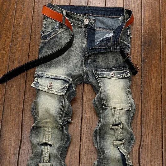 High Quality Fashion Luxury Retro Men's Denim Jeans Korean Style Vintage Casual Punk Motorcycle Designer Riding Cargo Jeans