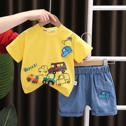 Summer Children's Boys Infant Cotton Clothes Set Cars T-Shirt Shorts 2-Piece Toddler Fashion Tracksuit for Babies Aged 1-5 Years