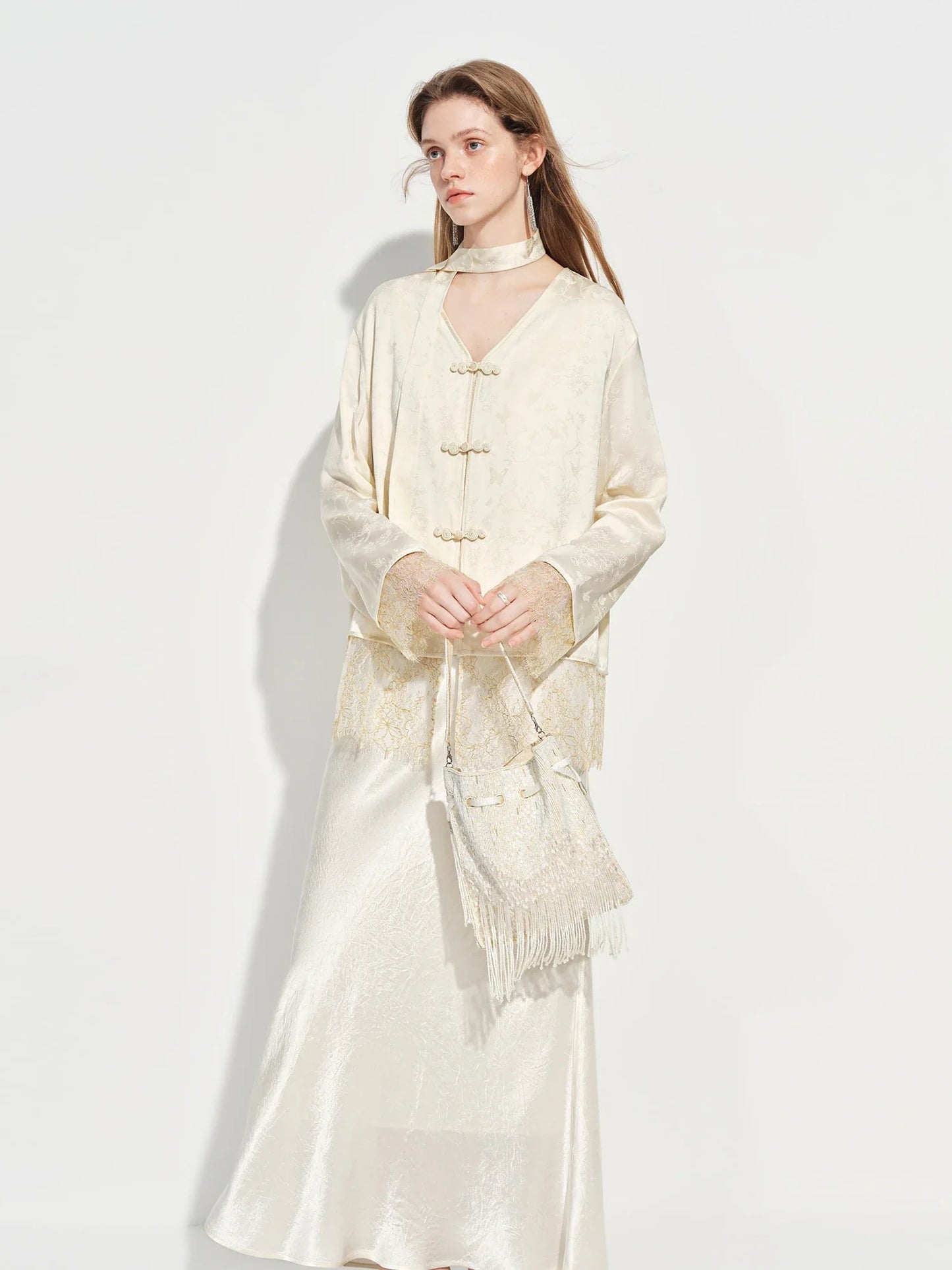 New Chinese-inspired Women's Satin Jacquard V-Neck Blazer Button Closure Acetate Fabric Sash Blouse Spring 2026 New Arrival