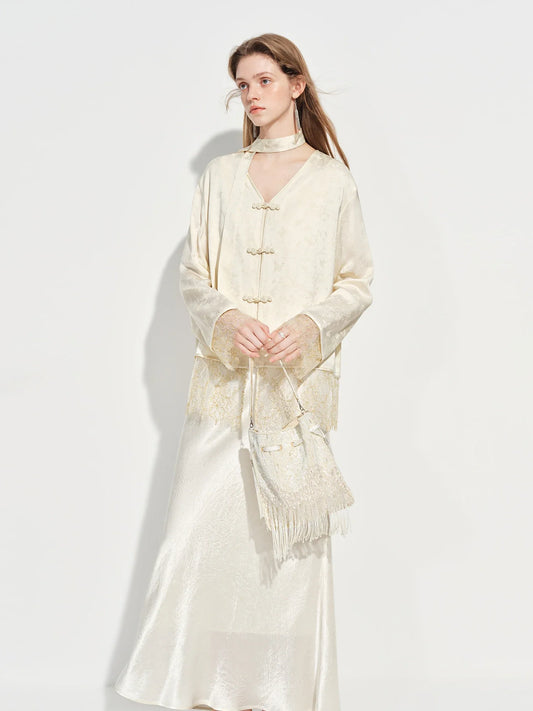 New Chinese-inspired Women's Satin Jacquard V-Neck Blazer Button Closure Acetate Fabric Sash Blouse Spring 2026 New Arrival