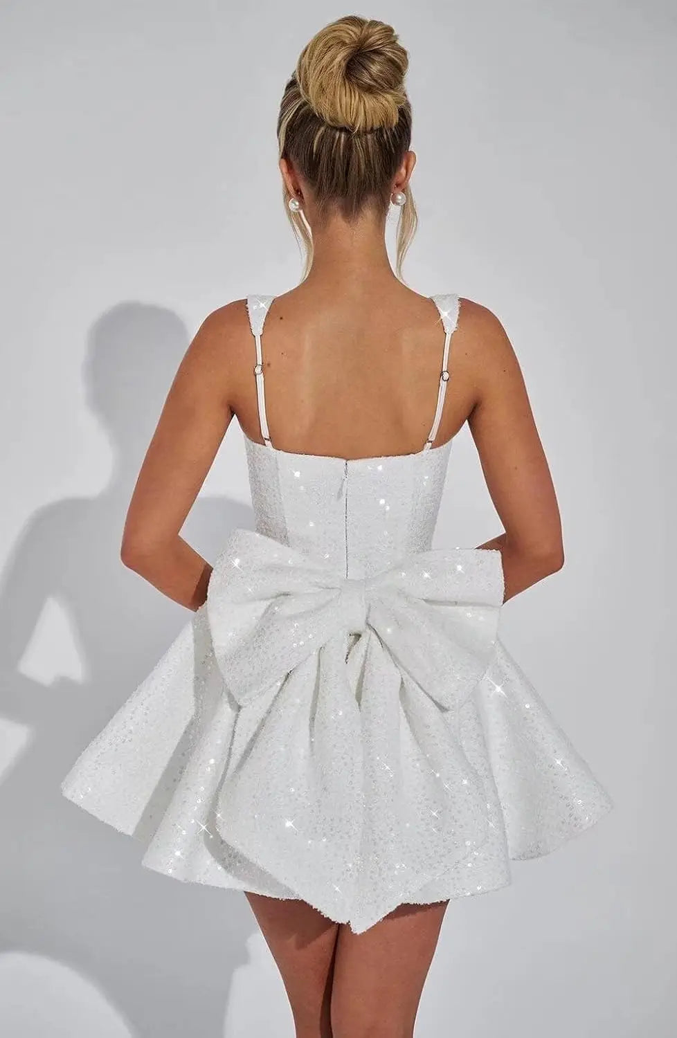 Square Collar Sequin Back To School Dress Spaghetti Strap Cocktail Gown Bow, Backless Elegant Princess Birthday Party Dance Gown
