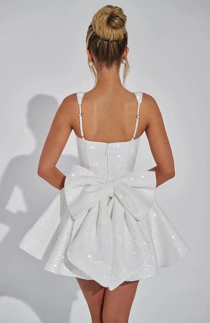 Square Collar Sequin Back To School Dress Spaghetti Strap Cocktail Gown Bow, Backless Elegant Princess Birthday Party Dance Gown