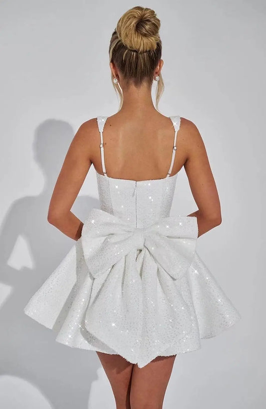 Square Collar Sequin Back To School Dress Spaghetti Strap Cocktail Gown Bow, Backless Elegant Princess Birthday Party Dance Gown