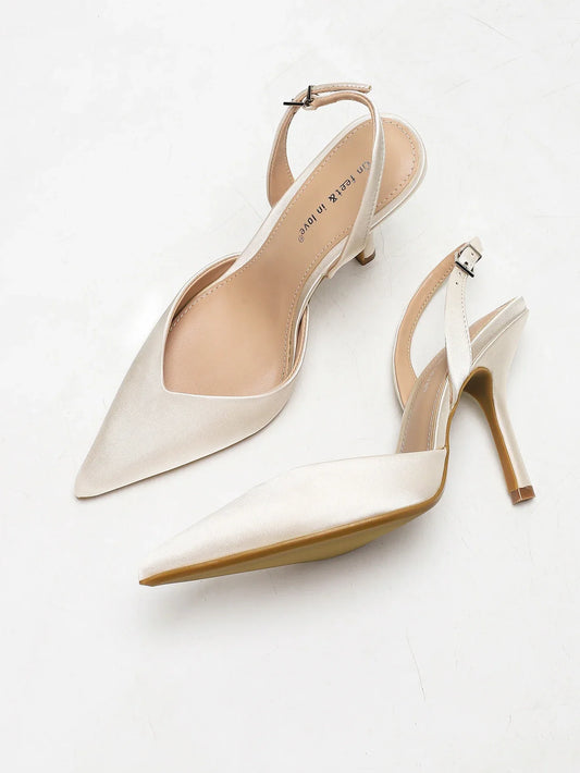 Women's Ivory Satin Pointed-Toe Slingback Heeled Sandals