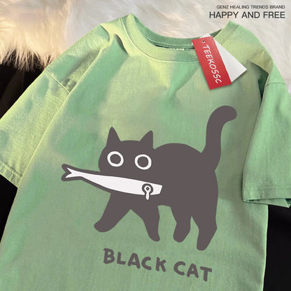 Fun A Black Cat Eating Fish Japanese Style Men Women T-Shirt Fashion Print T Shirt Breathable Oversize T-Shirts Cotton Clothes