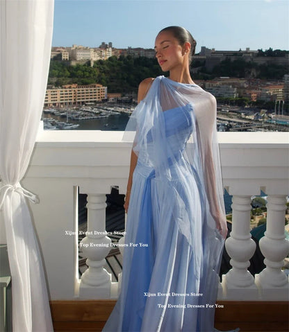 Elegant Blue Chiffon Evening Dresses Sweetheart Scarf A-Line Long Prom Dresses Pleated Sleeveless Prom Gowns 2025 Customiz