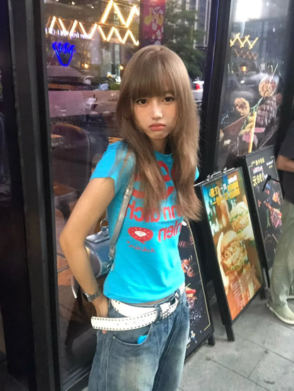 Karrram Japanese Y2k Letter Print T-shirt Trashy 2000s Style Crop Top Vintage Harajuku Short Sleeve Tee Shirt American Retro 90s