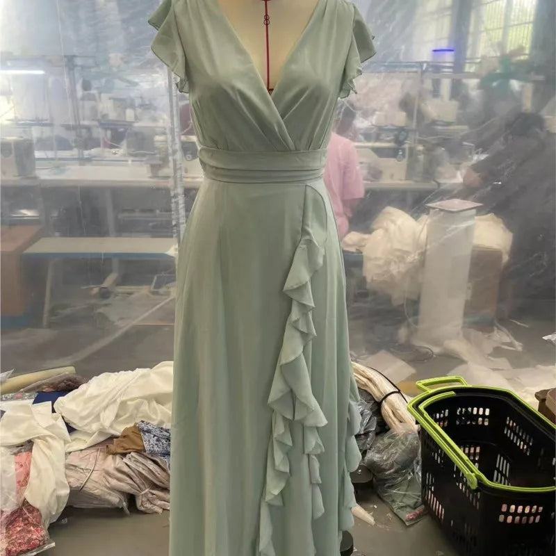 Women's Elegant Solid Color Ruffle Sleeveless Sexy V-Neck Long Dress Fashionable Bohemian Women's Party Evening Maxi Dresses