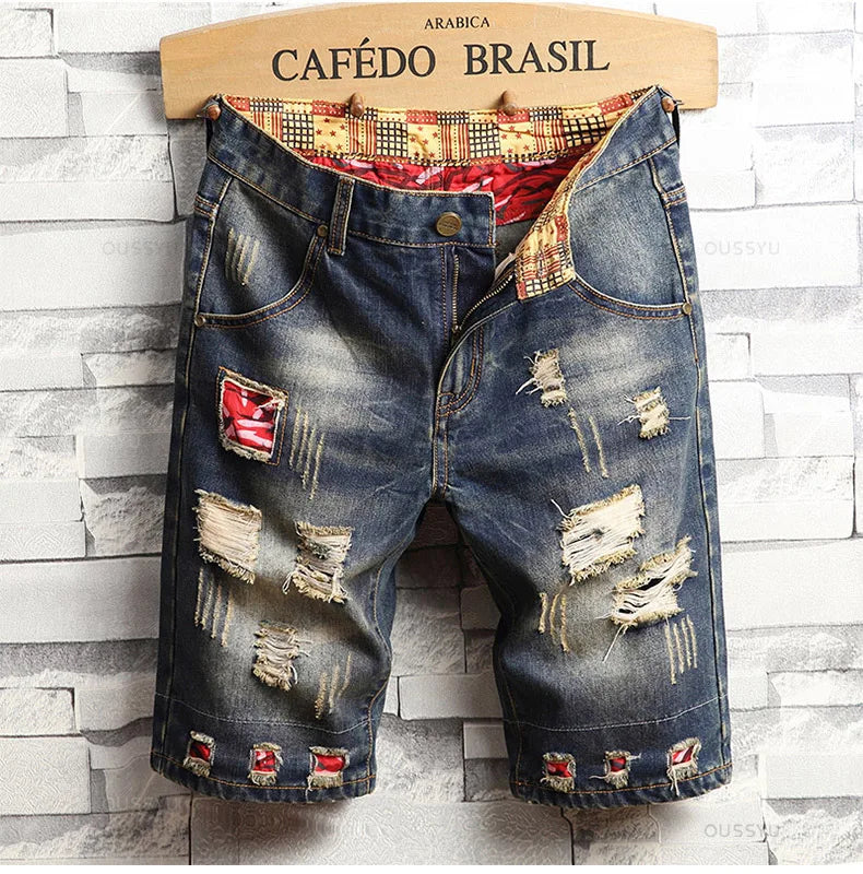 Brand Clothing New Summer Ripped Hole Denim Shorts Men Cotton Thin Straight Retro Biker Knee Length Short Jeans Male Streetwear