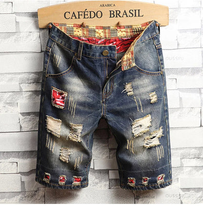 Brand Clothing New Summer Ripped Hole Denim Shorts Men Cotton Thin Straight Retro Biker Knee Length Short Jeans Male Streetwear