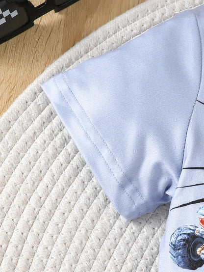 Boys' set car letter pattern positioning print round neck short sleeved T-shirt paired with shorts cool boys' two-piece set