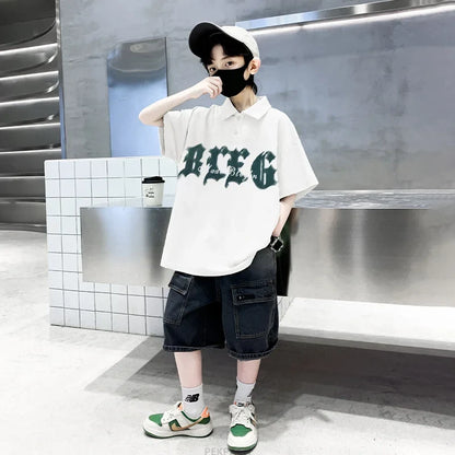 Korean Kids Boy Suit Summer Set Fashion Teenager Child Clothes Set Cotton Polo Shirt + Shorts 2pcs Outfits Tracksuit Costume
