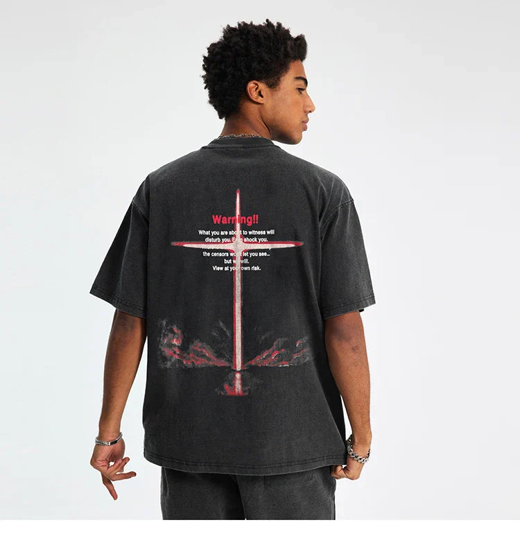 Men Streetwear Hip Hop T Shirt Cross Letter Graphic Hipster T Shirt Faded Black Harajuku Loose Tshirt Cotton Tops Tees Unisex