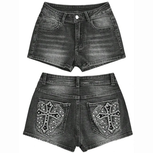 2026 Vintage Fashion New Oversized Pattern Embroidery Wash Jeans Shorts Ladies Y2K Gothic Hip Hop Casual Tight Sexy Shorts
