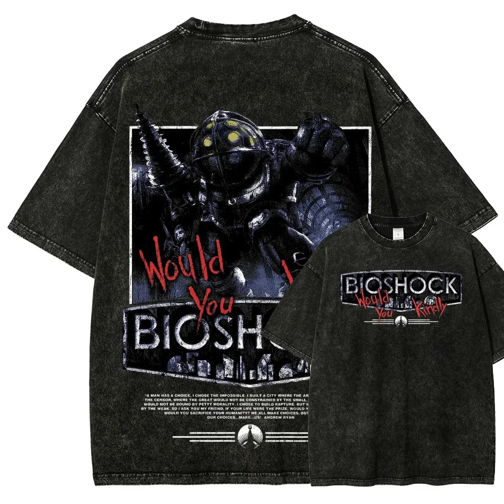 Classic Retro Shooting Game Bioshock Peripherals Graphic Print T-shirt Men Women New Harajuku Wind Tee Vintage Washed Cotton Top