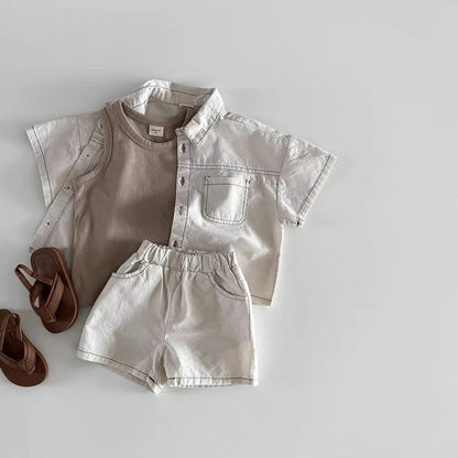 TZ2614 Korean Style Summer New Children's Clothing Set Boy Girl Soft Denim Shirt with Stitching Trendy Outfit for Kids