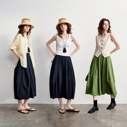 Women's A-Line Bud Skirt 2026 Summer New Split Detail Retro Puff Midi Skirt, Lightweight Outdoor Wear