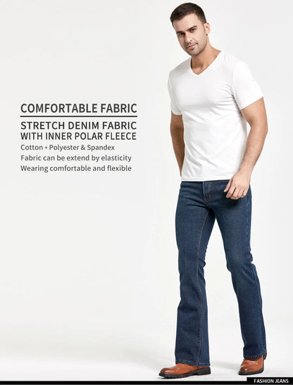 Mens Winter Stretch Denim Jeans Thicken Warm Pants Slim Slightly Flare Trousers Boot Cut Fit Polar Fleece Jeans