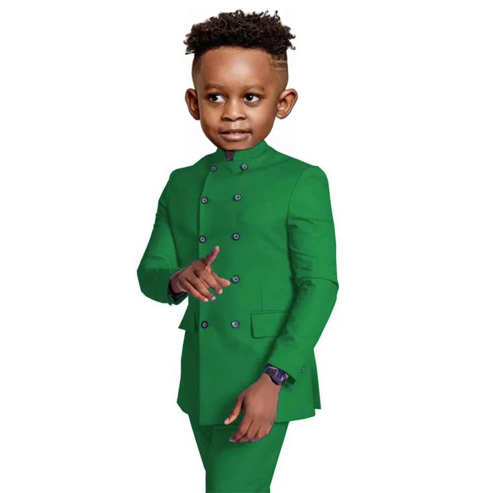 Stylish Elegant Boys Stand-up Collar Suits 2 Pieces Jacket Pants Formal Party Wear Double Breasted Kids Suit Set 2-20T
