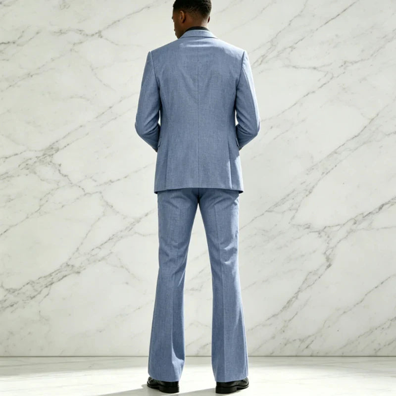 Vintage Men's Linen Suit 2 Piece Notch Lapel 2 Button Blazer Wide Leg Flare Pants Breathable Lightweight Set for Business Casual