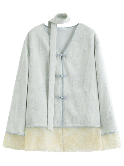 Modern Chinese-inspired Women's Blazer with Button Closure Sash VNeck Patchwork Lace Trim Outerwear Spring 2026 New Arrival
