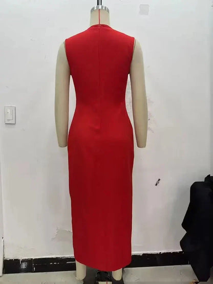 Female Summer Elegant Midi Dress O-Neck Hem Slit With Belt Sleeveless Single Breasted Back Zipper Fashion Long Dress