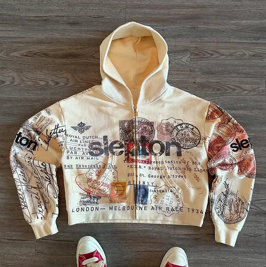 Sweatshirt Jacket Zipper Hoodie Apricot Print Letters Cartoon Fashion Multifunctional Retro Y2K High Street Men's and Women's