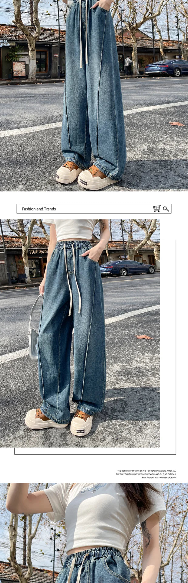 High Waist Wide Leg Jeans Women's Loose Fit Dstring Elastic Waist Long Trousers Blue Denim Spring Season Faion plus Size