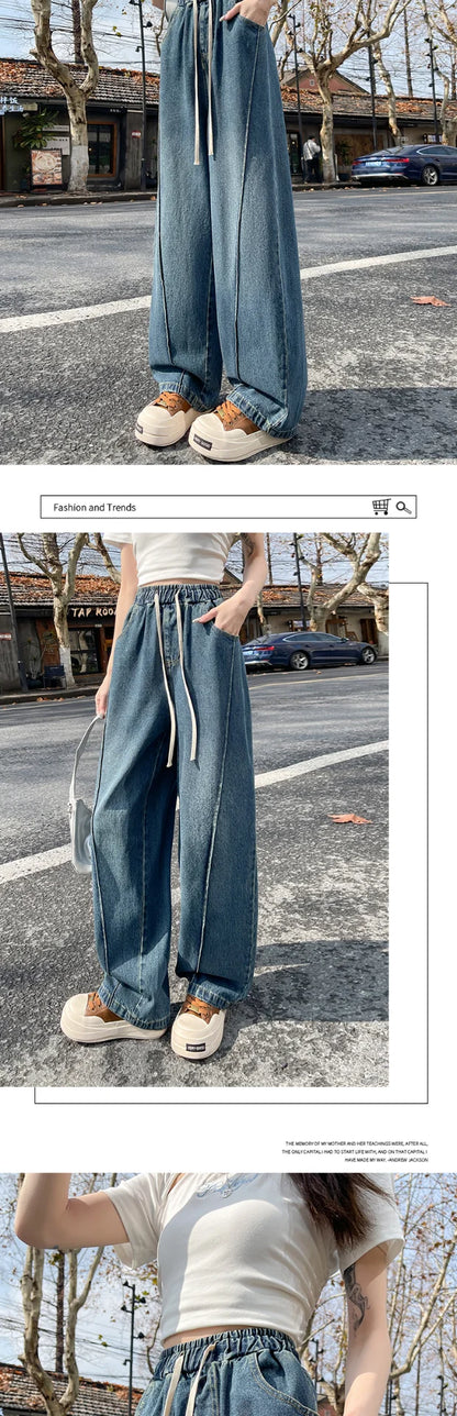 High Waist Wide Leg Jeans Women's Loose Fit Dstring Elastic Waist Long Trousers Blue Denim Spring Season Faion plus Size