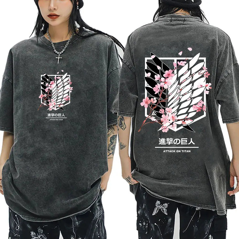 Anime Attack on Titan Washed T-Shirt Ackerman Mikasa Eren Jaeger Cherry Blossom Graphics Logo T Shirt Men Women Cotton T Shirts